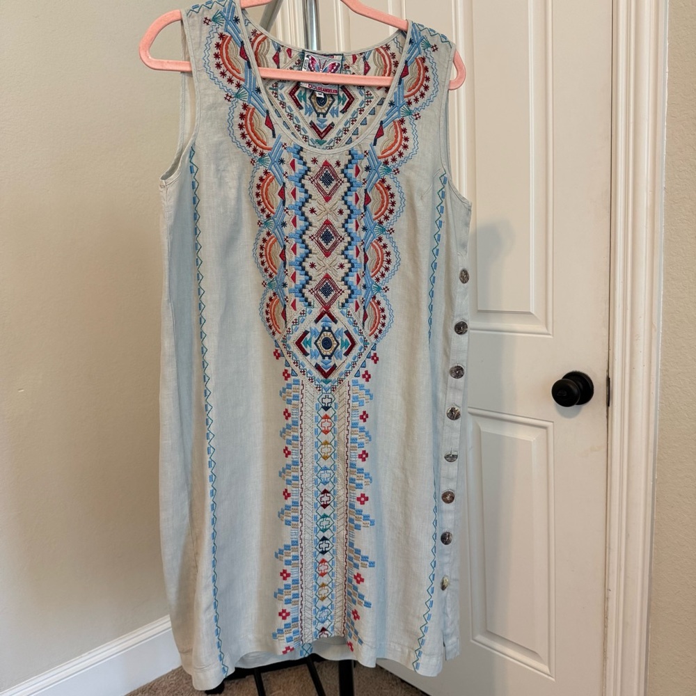 Johnny Was Embroidered Linen Sleeveless Dress, Medium